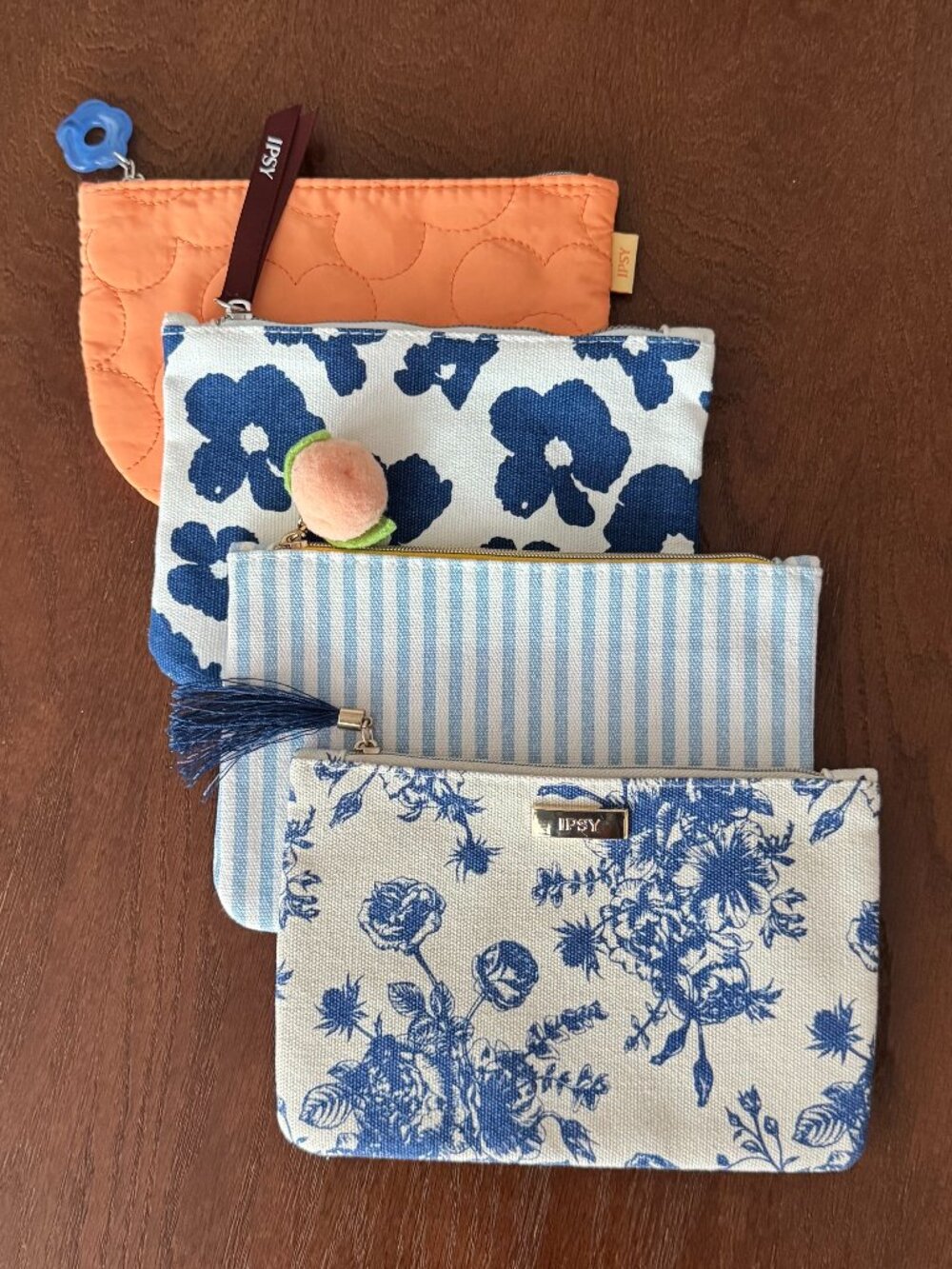 Ipsy Glam Bag Lot of 4 Blue Floral Stripe Cottage Cosmetic Pouches